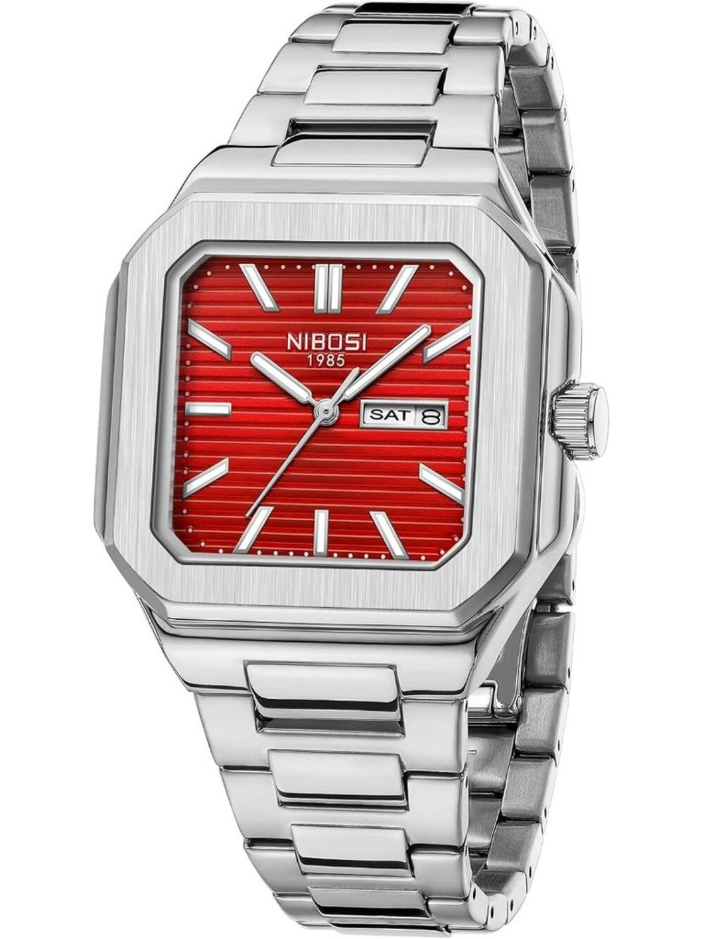 Nibosi Men's Silver Red Analog Quartz Stainless Steel Waterproof Square Watch